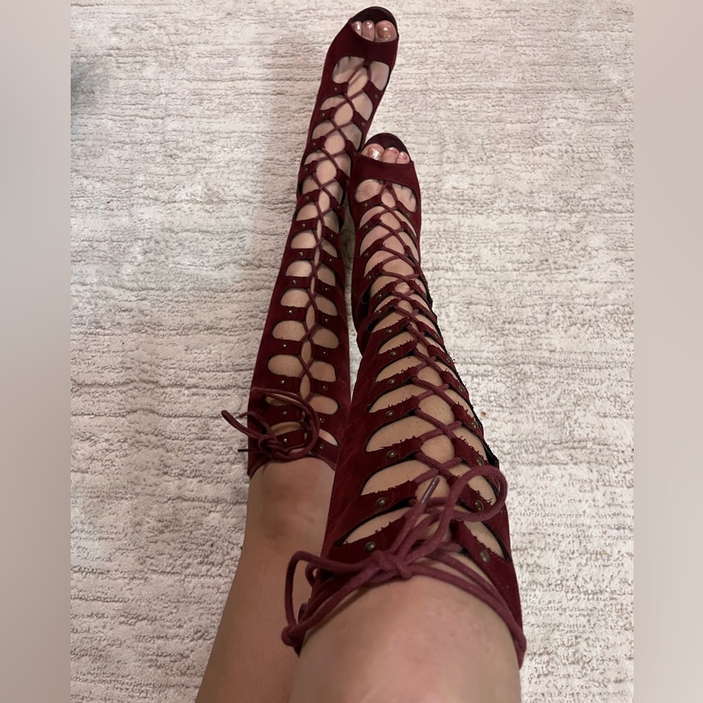 JustFab Burgundy Lace-Up Gladiator Knee-High Heeled Boots